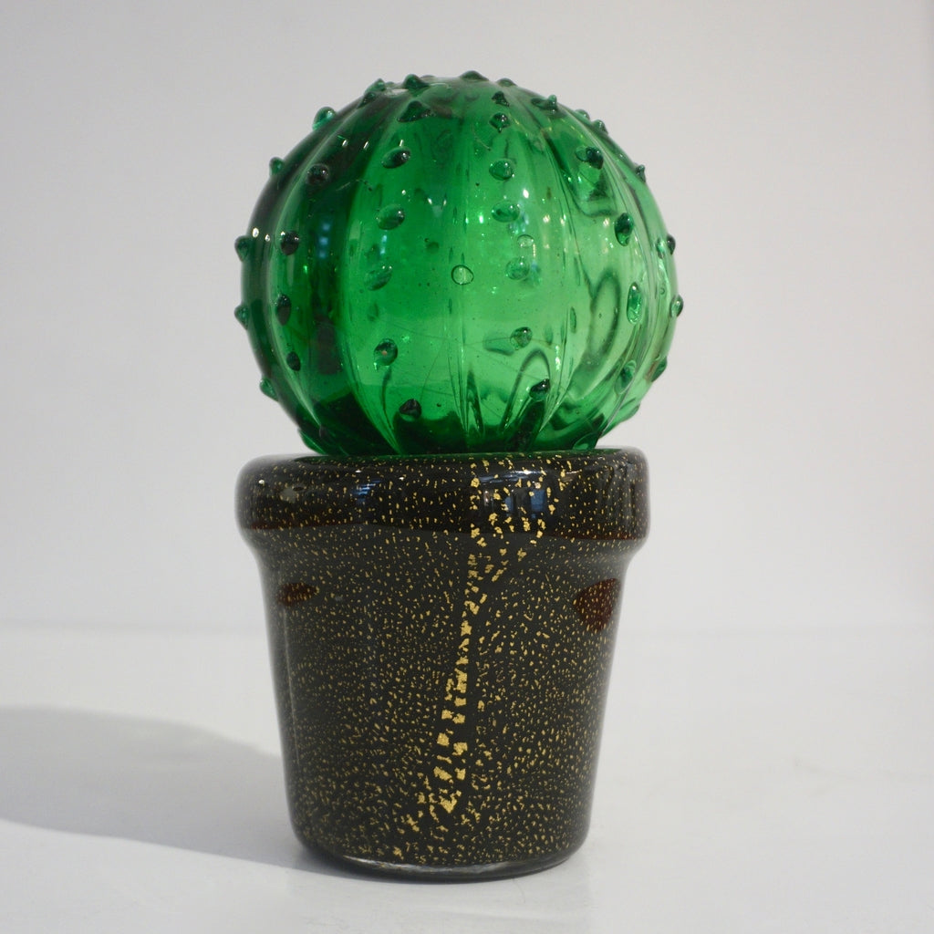 1990s Vintage Italian Green Murano Glass Small Cactus Plant in Black & Gold Pot