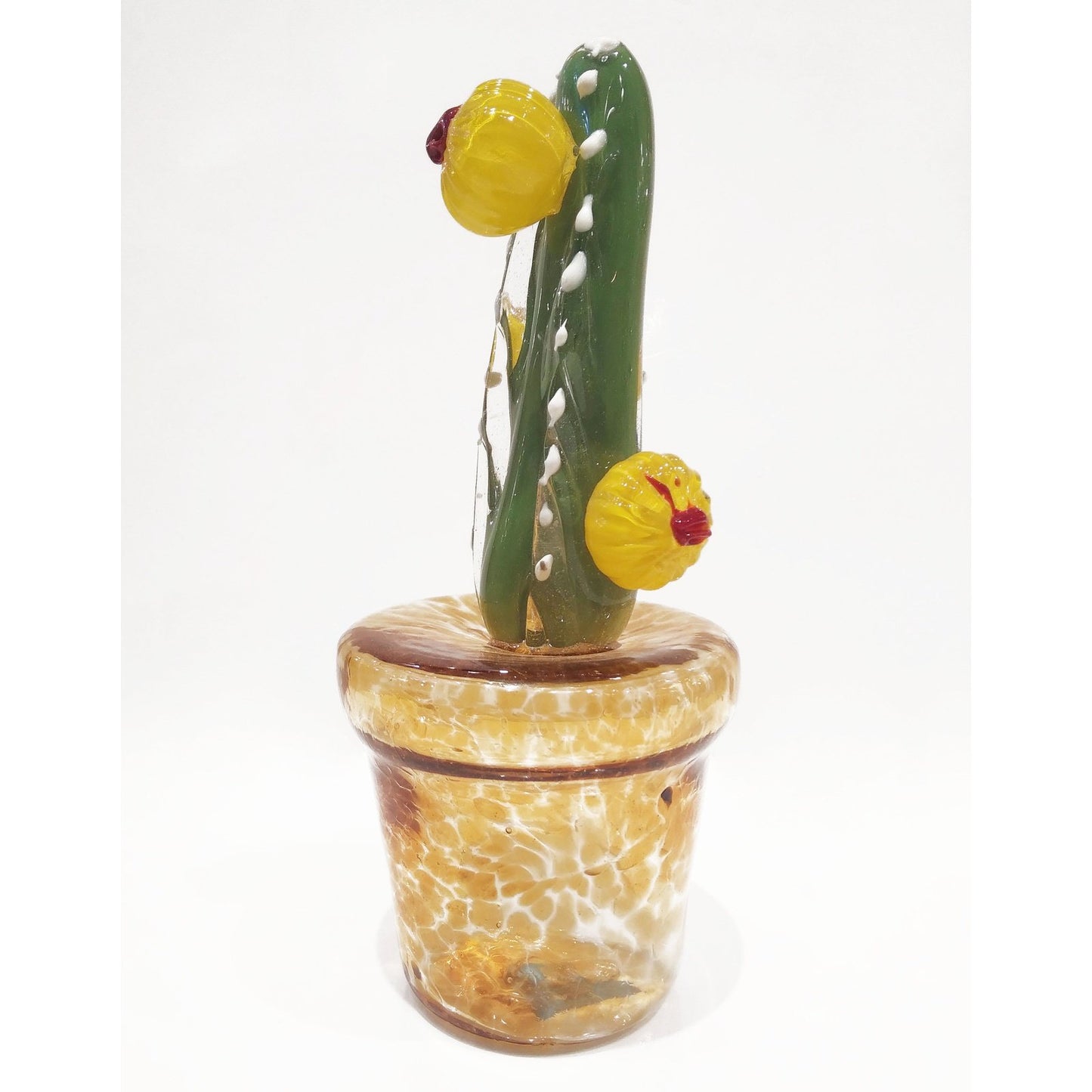 2000s Italian Green Murano Glass Cactus Plant with Yellow Flowers in Gold Pot