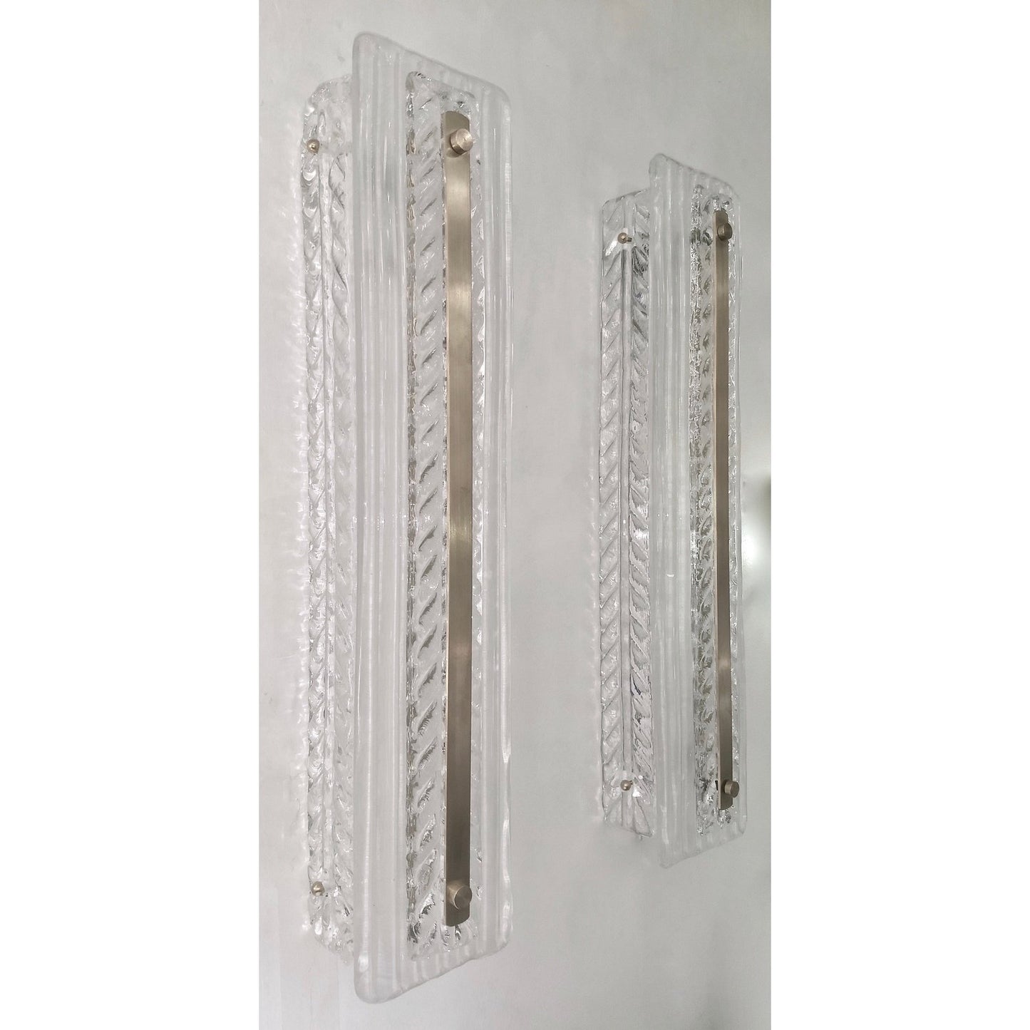 Italian Modern Pair Tall White Crystal Leaf Textured Murano Glass Nickel Sconces