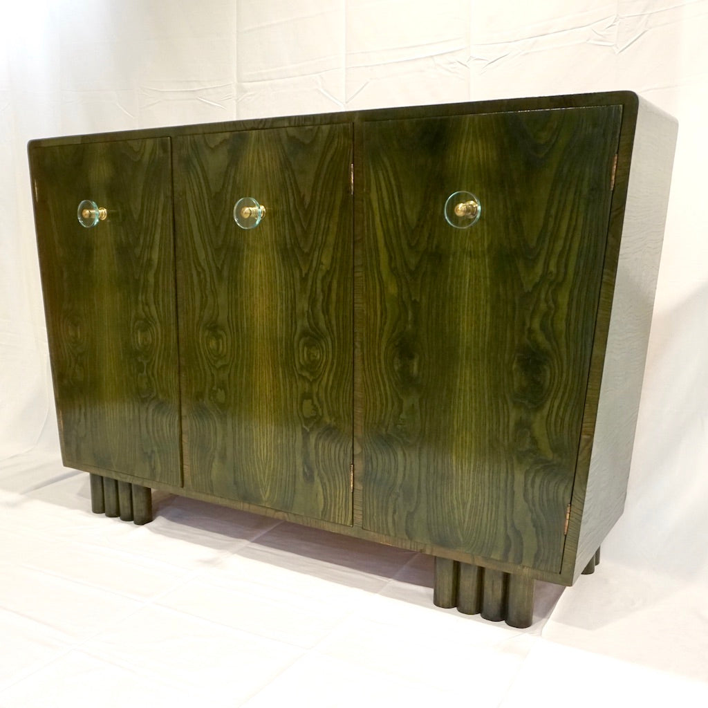 1970s Italian Ash Wood Green Malachite Pigmented Triangular Postmodern Cabinet