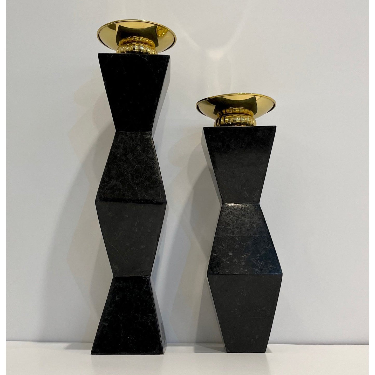 French Vintage Set of 2 Modern Black Lacquer Metal Geometric Cubist Candlesticks