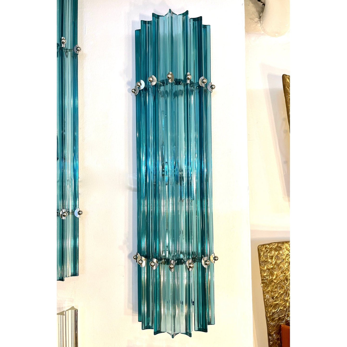 Italian Contemporary Minimalist Pair of Aquamarine Murano Glass Nickel Sconces