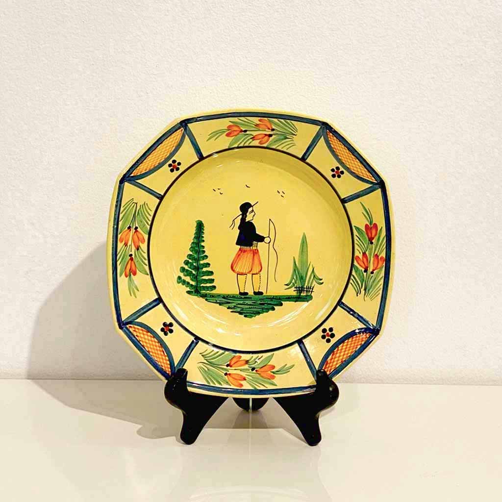 1930s French Henriot Quimper Faience Pair of Man Woman Octagonal Yellow Plates