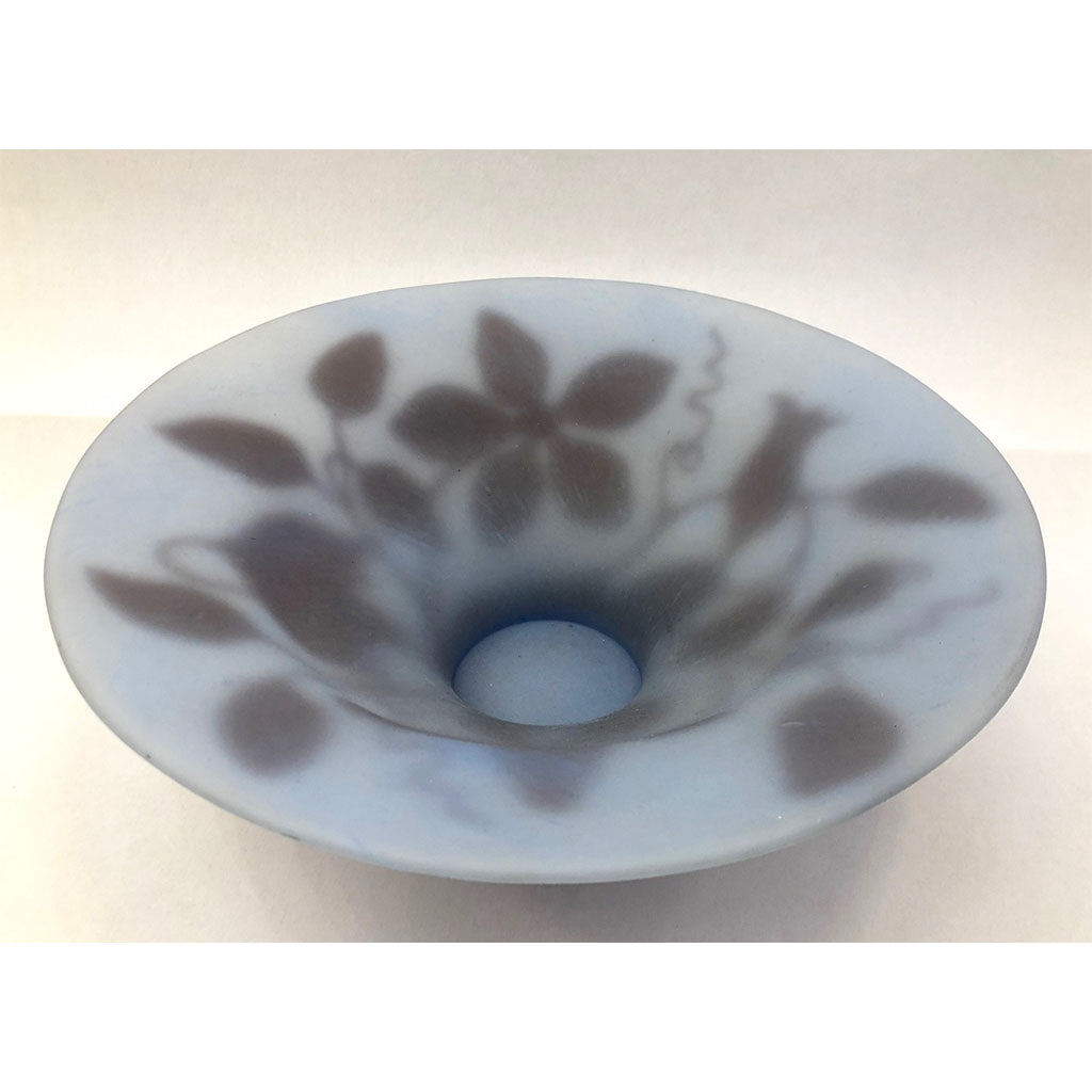 1970s Austrian Vintage Art Nouveau Style Aqua Blue Glass Bowl with Brown Flowers