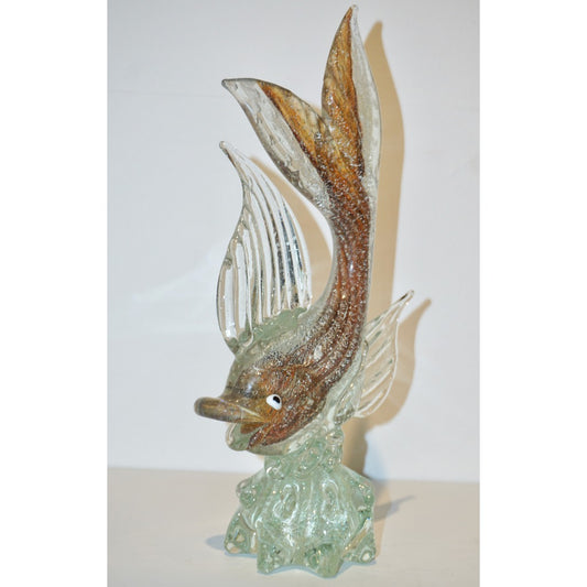 Murano Sommerso Amber and Silver Flecks Art Glass Fish Sculpture