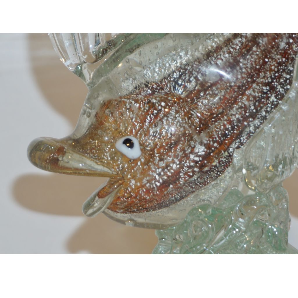 Murano Sommerso Amber and Silver Flecks Art Glass Fish Sculpture