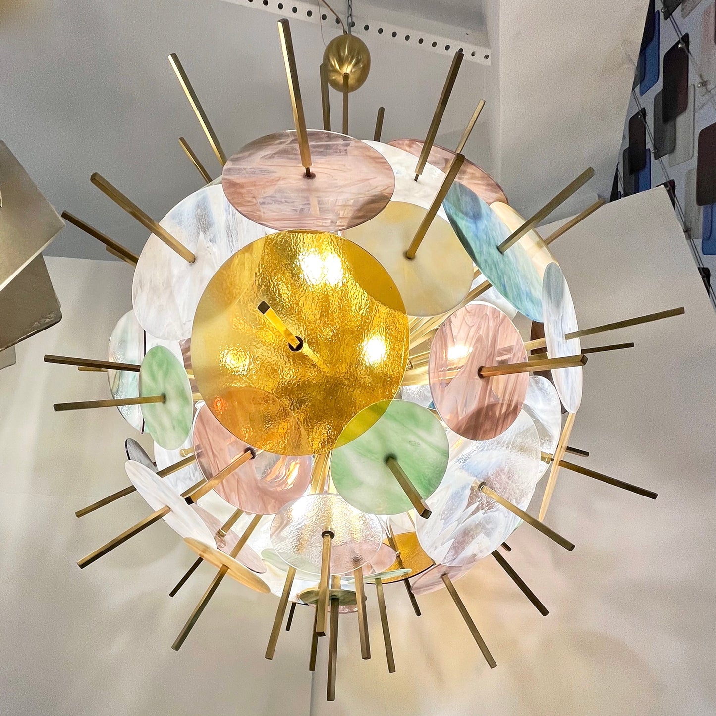 Italian Contemporary Brass & Pastel Murano Glass Sputnik Round Sphere Chandelier