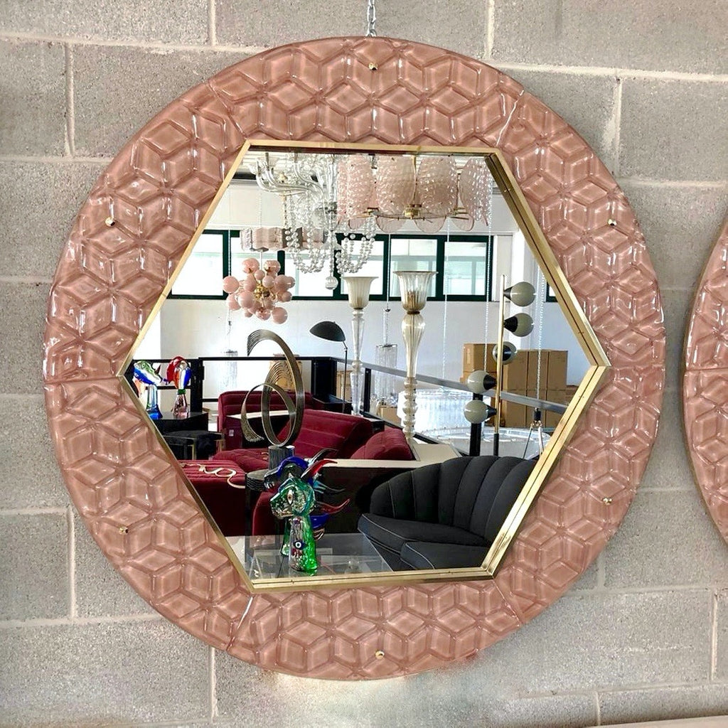 Bespoke Italian Custom Brass and Embossed Pink Murano Glass Modern Round Mirror