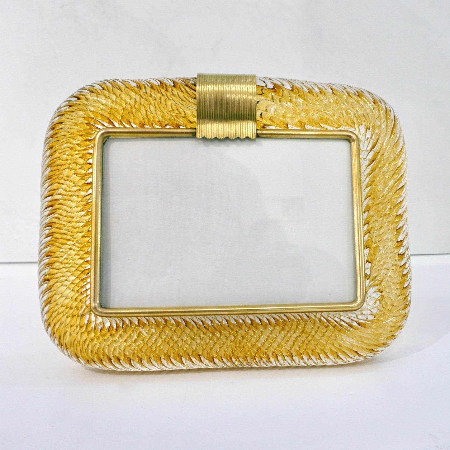 Venini 1980s Italian Vintage Amber Gold Murano Glass and Brass Photo Frame