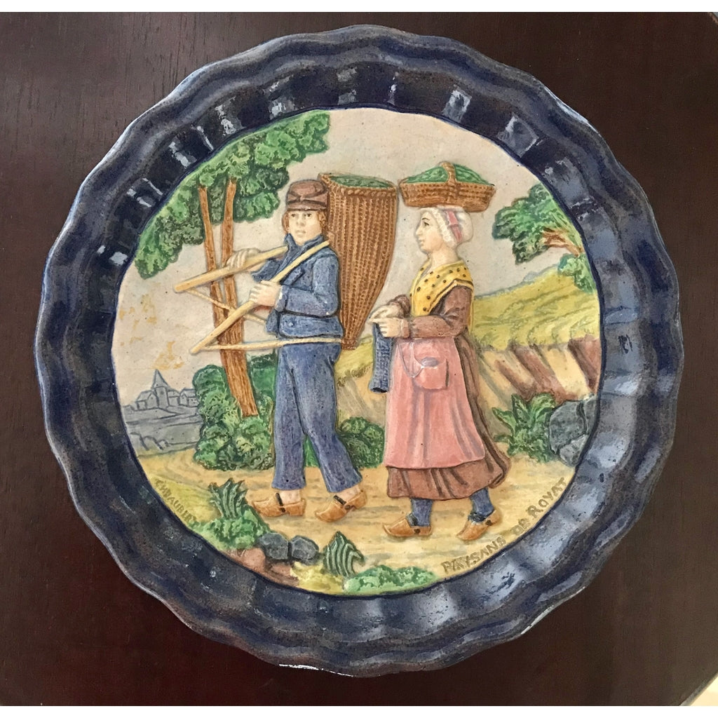 1880 French Country Pair of Navy Blue Edged Folk Art Majolica Decorative Plates