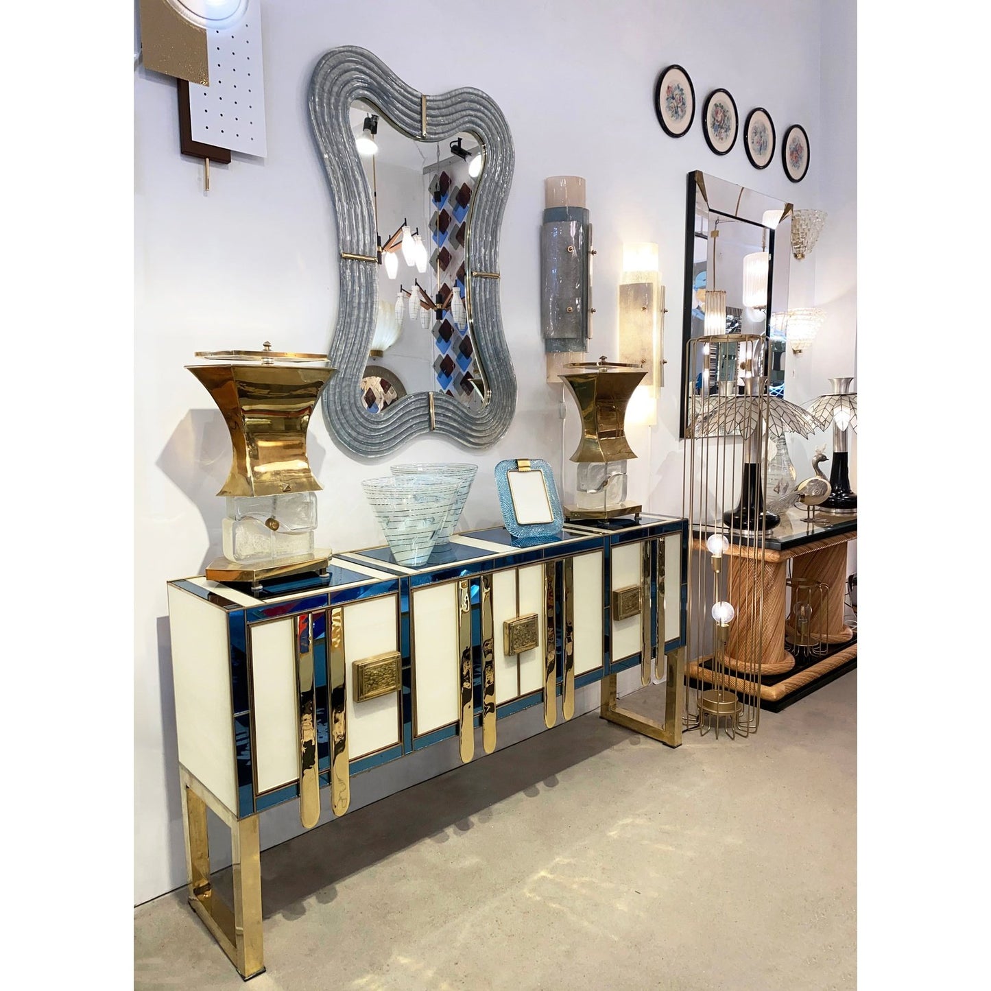 Mid-Century Modern Vintage Italian Aqua Blue Cream Gold Brass Modern Sideboard