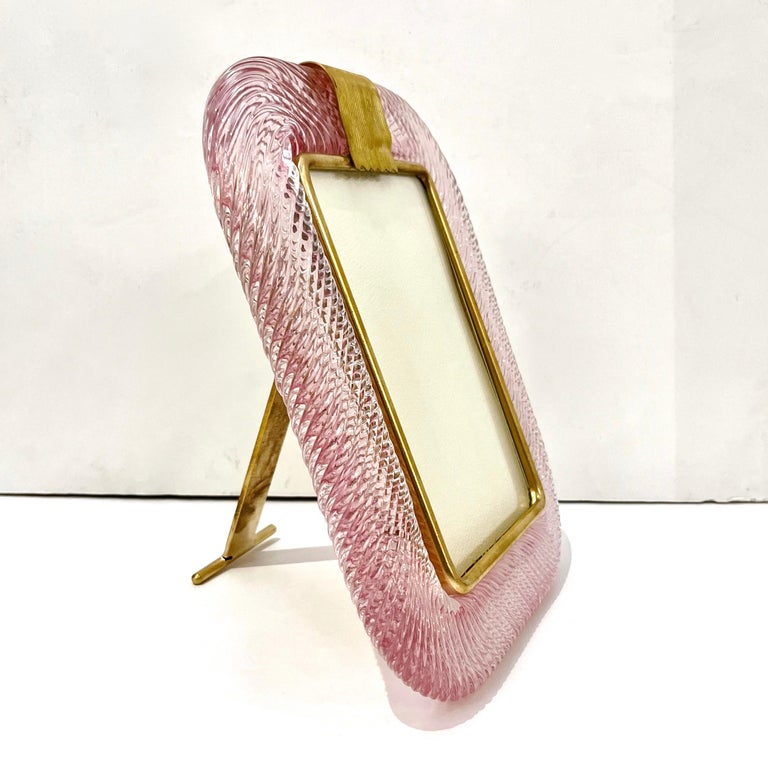 2000 Barovier Toso Italian Pink Crystal Twisted Murano Glass Brass Picture Frame