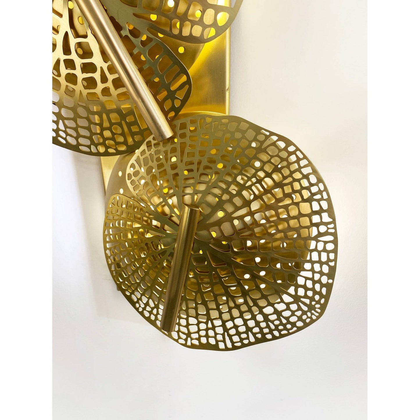 Tall Italian Organic Art Design Modern Perforated Brass Leaf Sconce