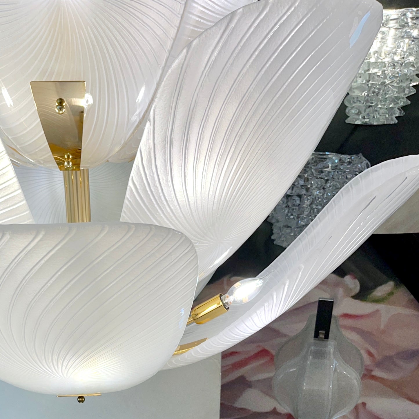 Bespoke Italian Art Nouveau Organic Design White Murano Glass Tulip Chandelier
