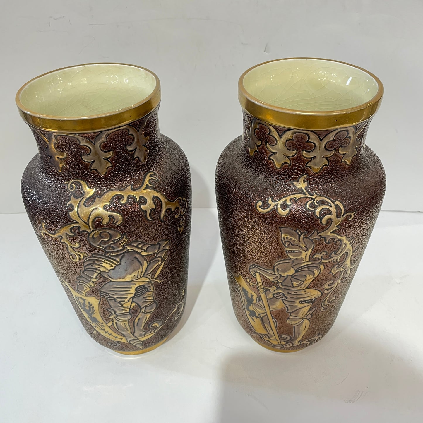 1880 Gien French Faience Pair Majolica Gold & Brown Vases with Armored Knights