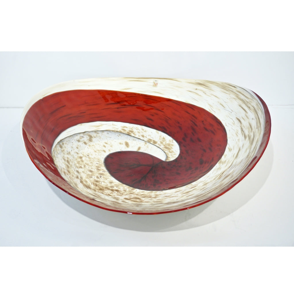 Organic Italian Pearl White Murano Glass Bowl with Swirled Wine Red Murrine