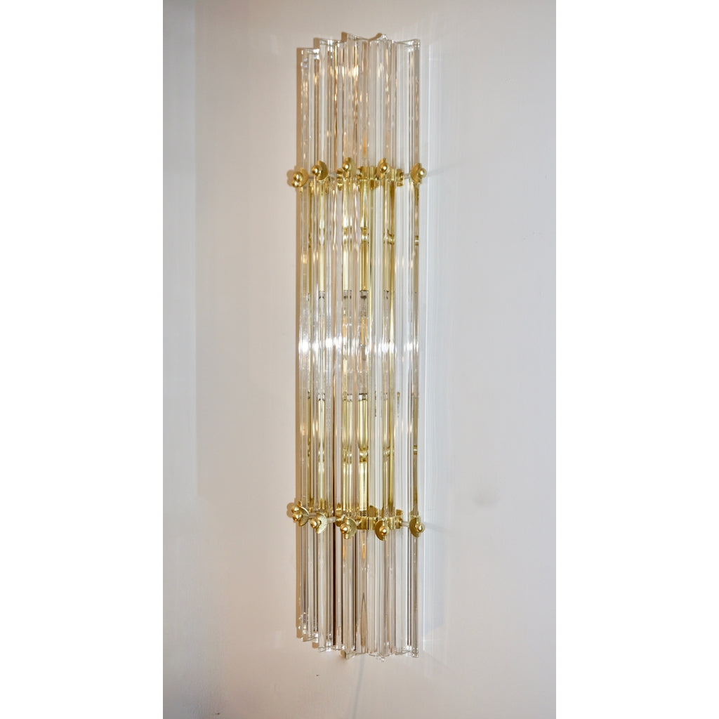 Italian Contemporary Minimalist Pair of Satin Brass Crystal Murano Glass Sconces