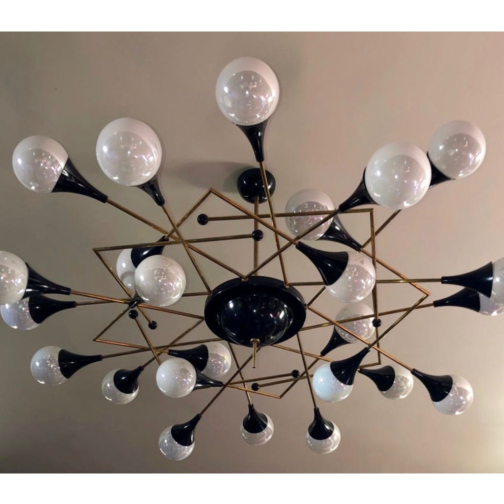 Bespoke Italian Geometric White Glass Black Lacquered Brass 24-Light Flushmount