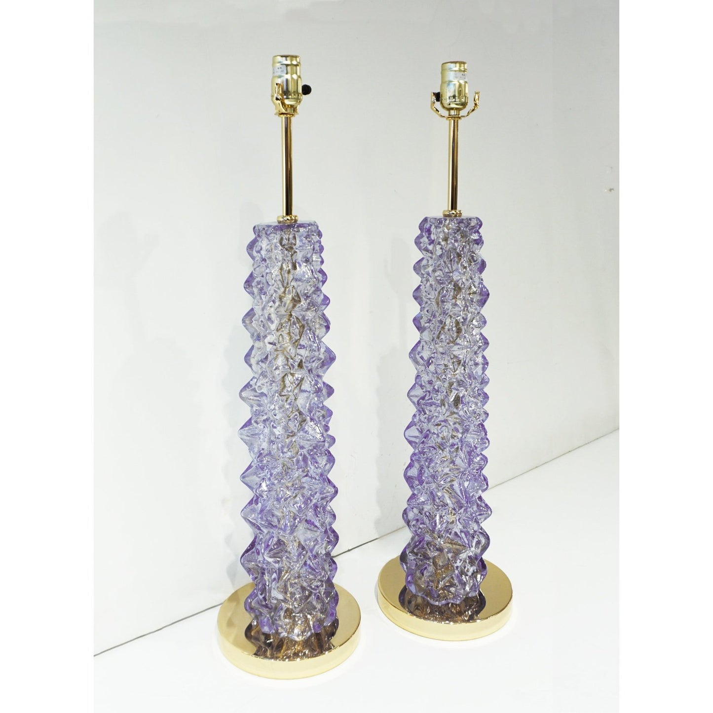 Contemporary Amethyst Purple Murano Glass Pair of Brass Lamps with Custom Shade