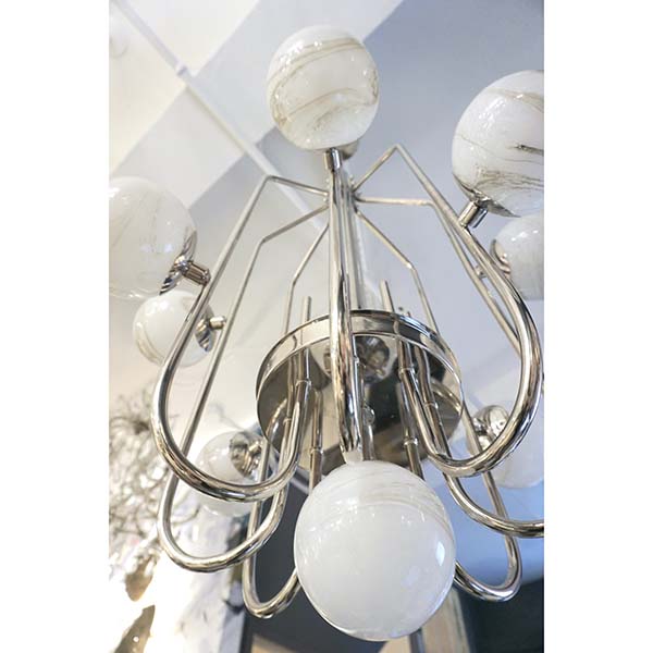 Bespoke Italian Alabaster White Murano Glass Nickel Curved Globe Chandelier
