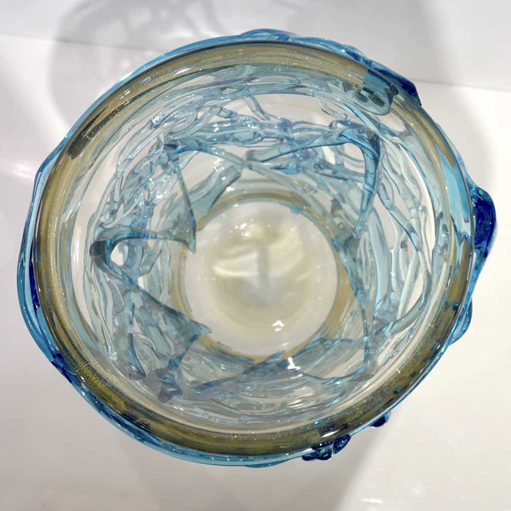 2000 Cenedese Italian Pair of Modern Aqua Blue 24 Kt Gold Murano Glass Art Vases