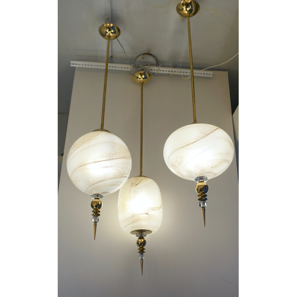 Bespoke Italian Brass & Cream White Alabaster Glass Cylinder Pendant / Lantern