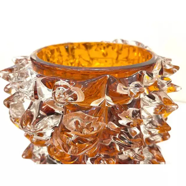 2000s Alberto Dona Italian Amber Gold Crystal Rostrato Murano Glass Modern Vase