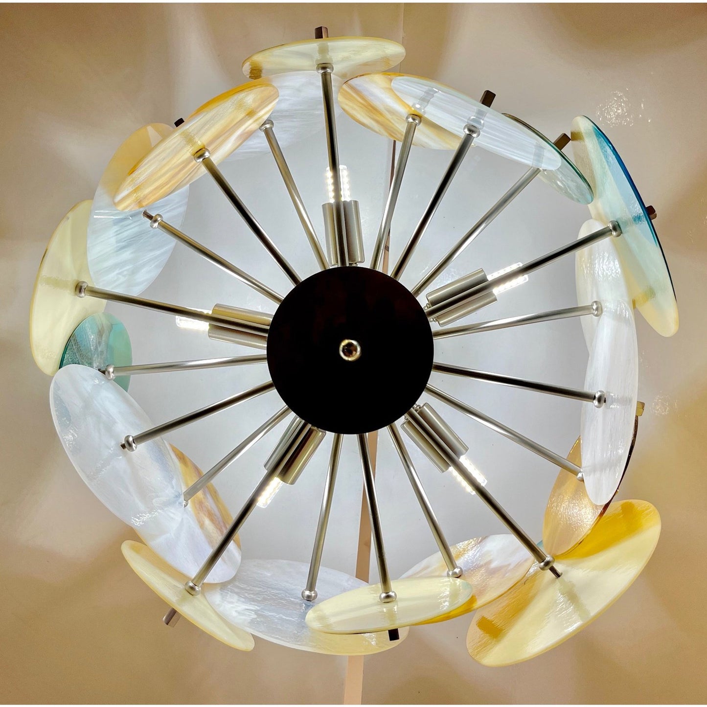 Italian Yellow White Blue Pastel Murano Glass Nickel Circular Sputnik Chandelier