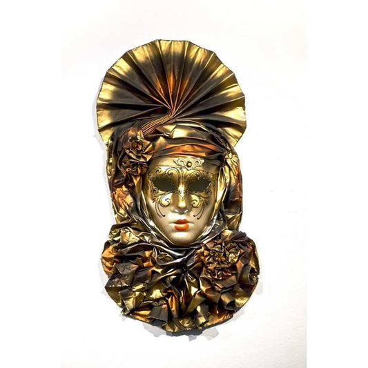Italian Modern Venetian Carnival Handmade Orange and Gold Mask with Flower Pleated Jabot