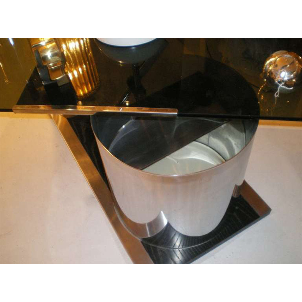 1970s Italian Chrome Coffee Table with Dry Bar Storage & Swivel Smoked Glass Top