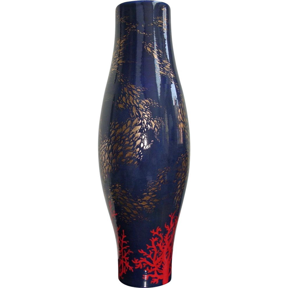 Bespoke Modern Italian Monumental Gold Red Blue Ceramic Vase with Ocea