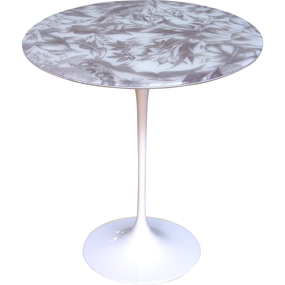 1960s Italian White Round Table with Laminated Gray Painted Fabric Top - Cosulich Interiors & Antiques