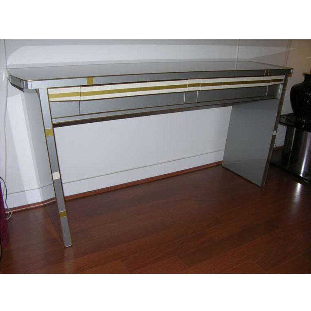 1970s Vintage Italian Design Silver White and Gold Glass Console with Drawers