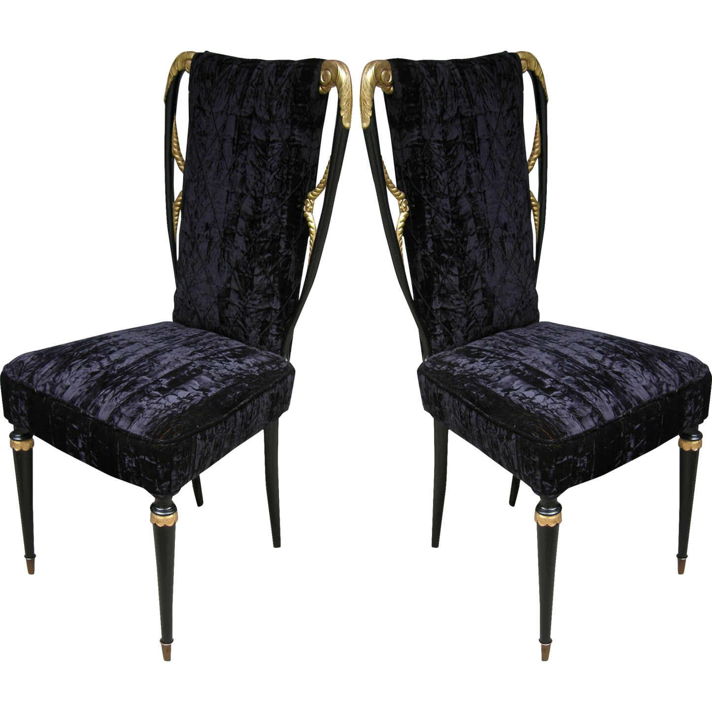 Early 1940s Glamorous Italian Pair of Side Chairs in Black Silk Velvet - Cosulich Interiors & Antiques