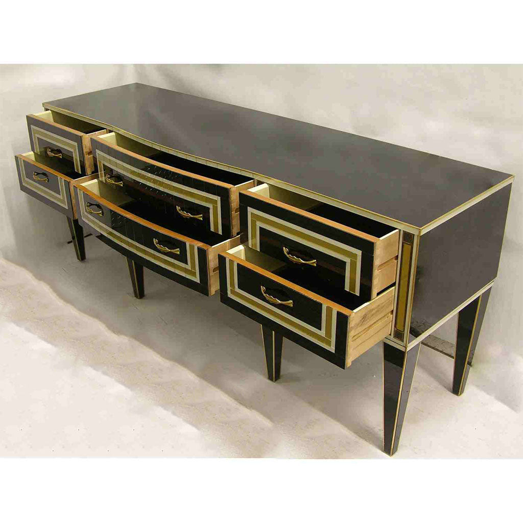 1950s Italian Art Deco Style Black Glass Sideboard with White and Bronze Insets
