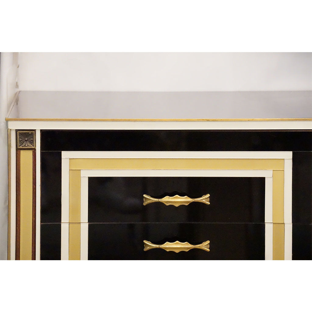 1950s Italian Art Deco Style Black Glass Sideboard with White and Bronze Insets