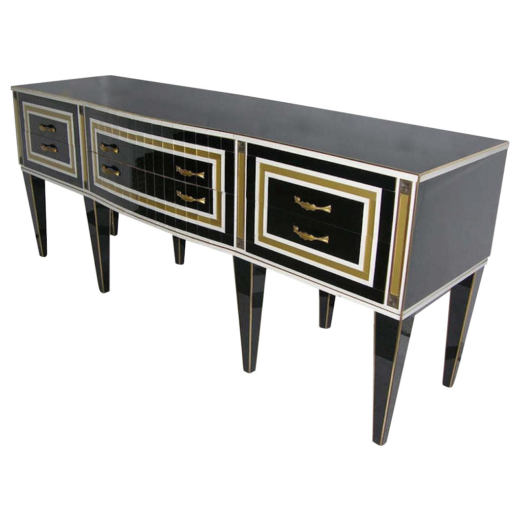 1950s Italian Art Deco Style Black Glass Sideboard with White and Bronze Insets