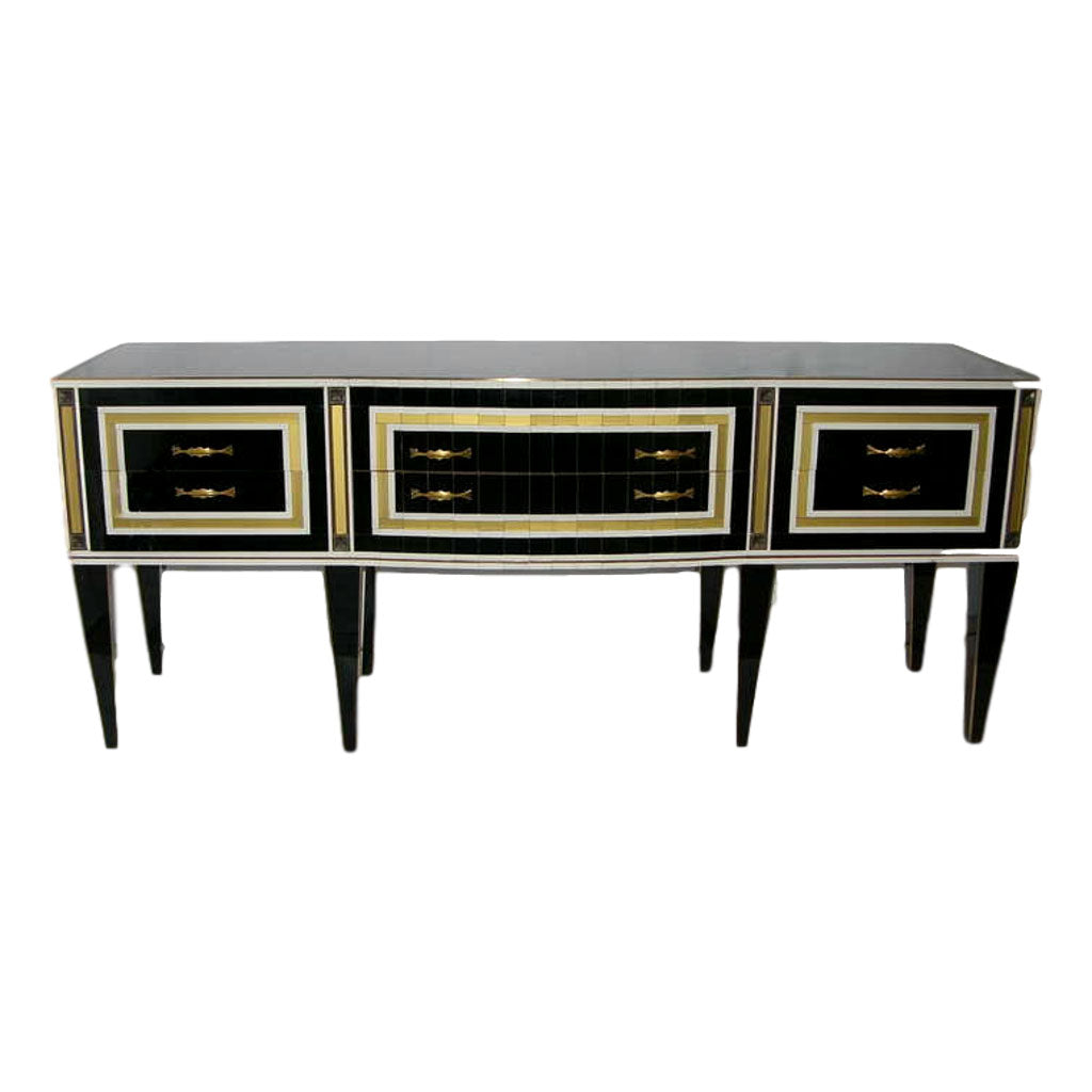 1950s Italian Art Deco Style Black Glass Sideboard with White and Bronze Insets