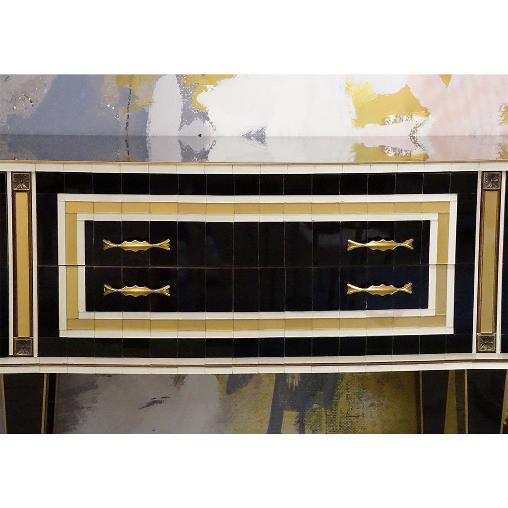 1950s Italian Art Deco Style Black Glass Sideboard with White and Bronze Insets