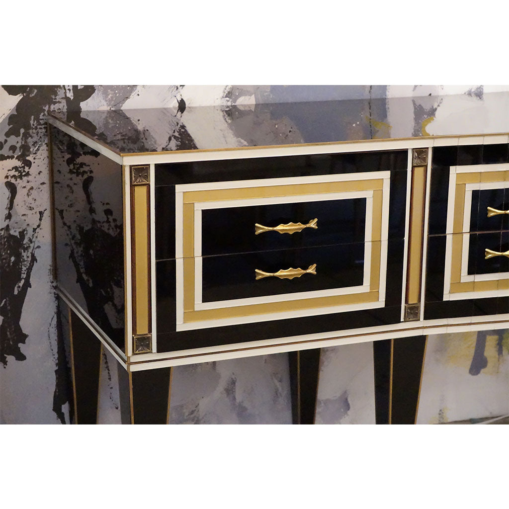 1950s Italian Art Deco Style Black Glass Sideboard with White and Bronze Insets