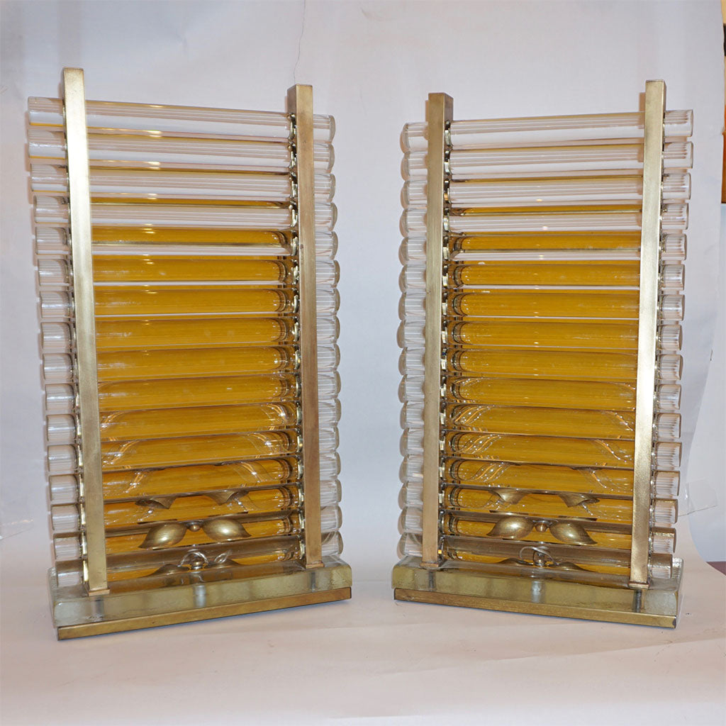 1970s Italian Post Modern Pair of Gold Brass & Crystal Glass Urban Design Lamps