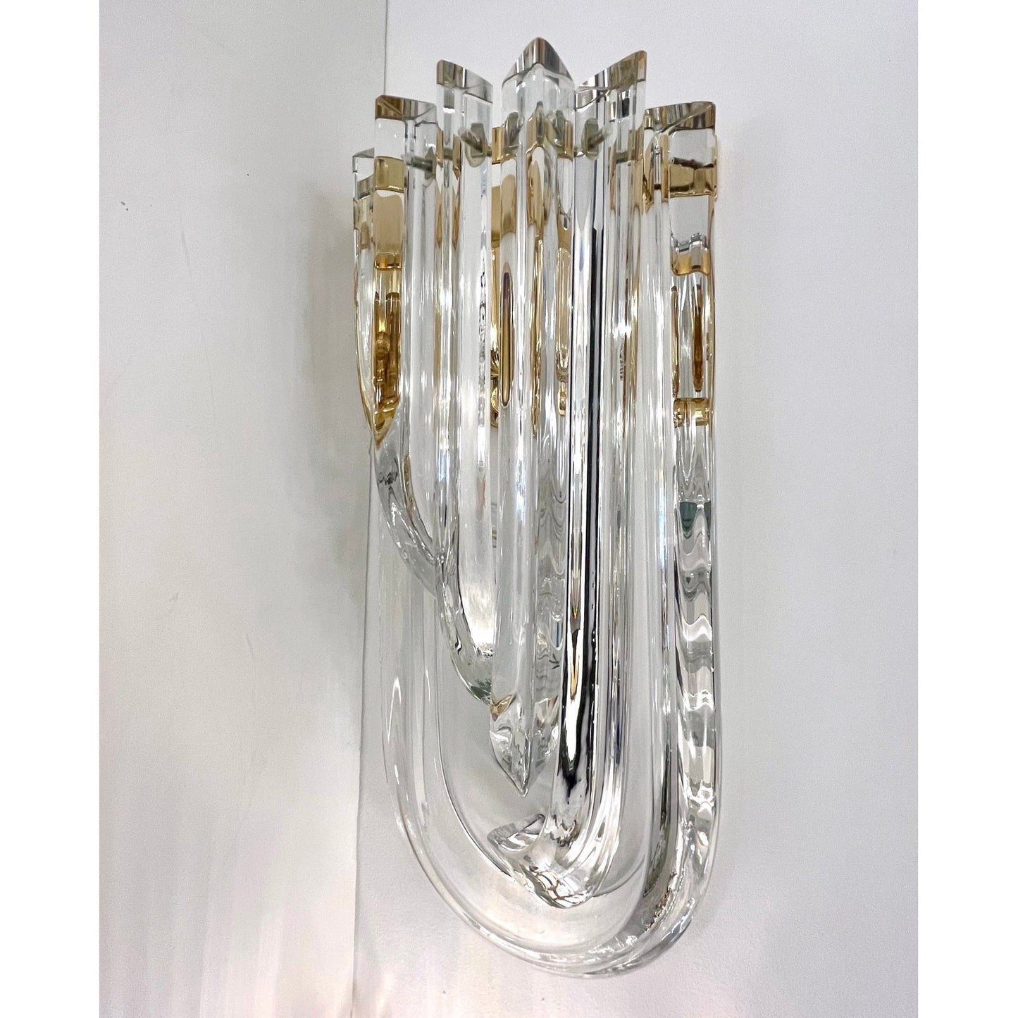 Italian Modern Pair of Translucent Crystal Murano Glass Brass Curved Sconces