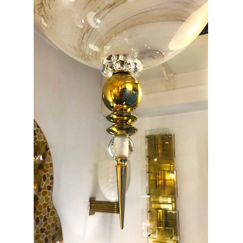 Contemporary Italian Brass and Cream White Alabaster Glass Round Pendant Light