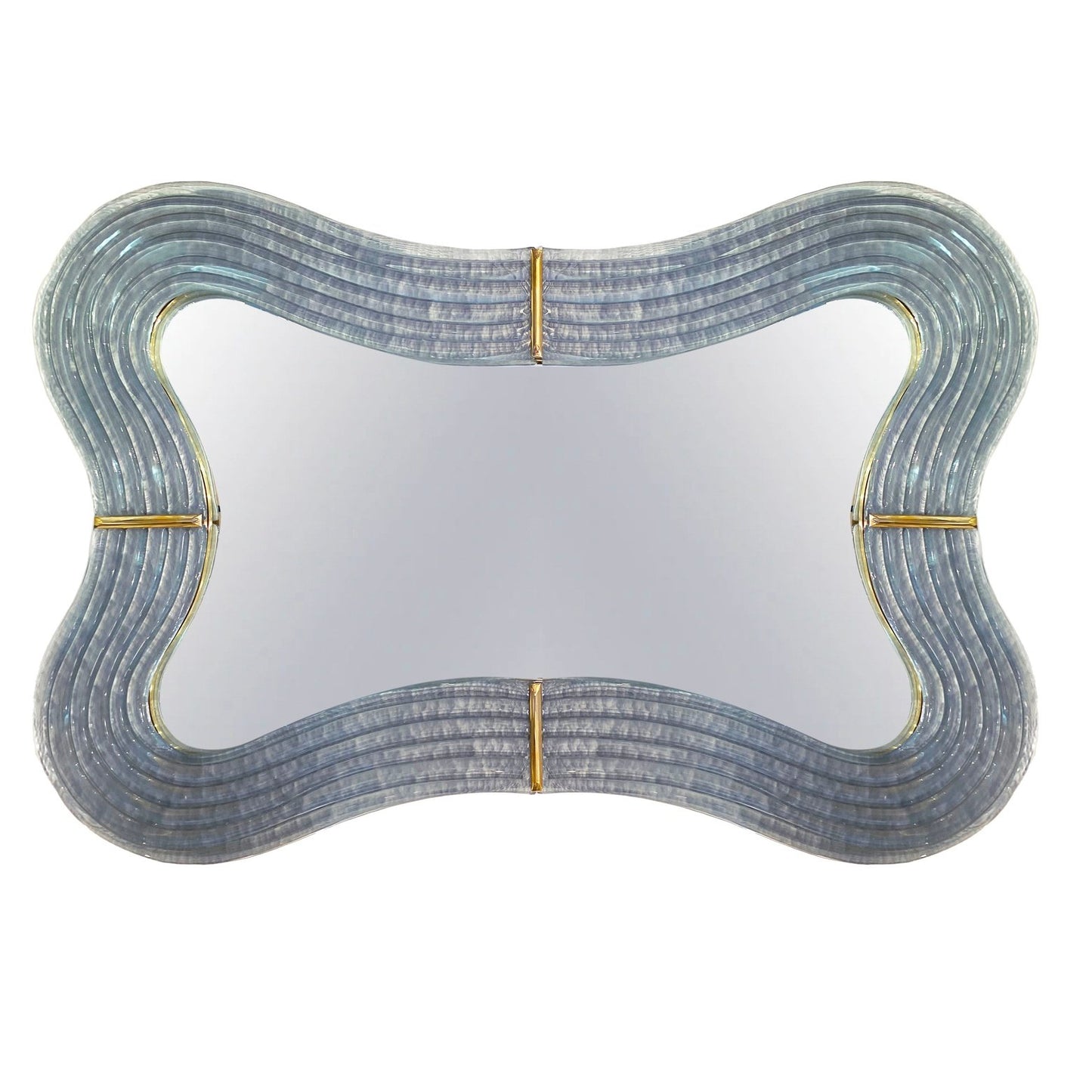Contemporary Italian Pearl Gray Blue Murano Glass Curved Mirror & Brass Accents