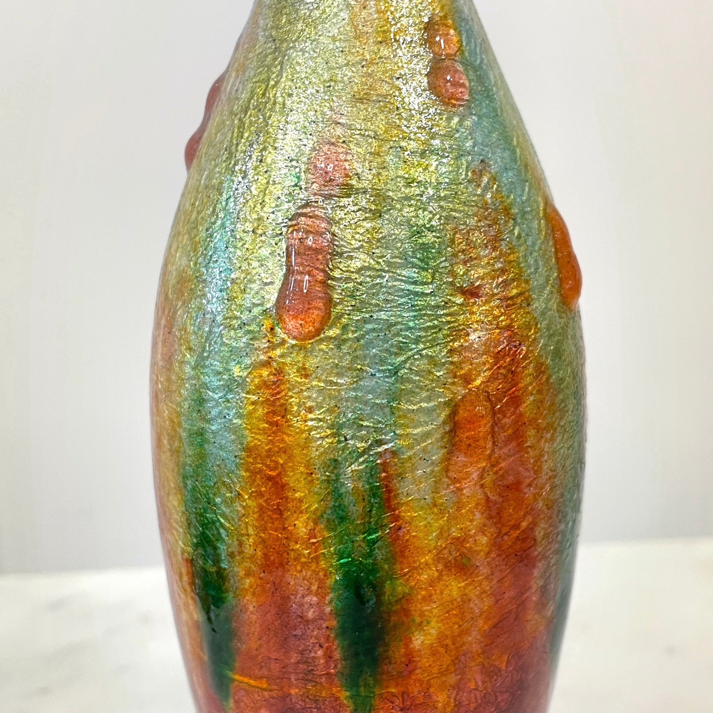 Camille Faure Art Nouveau French Limoges Yellow Green Red Enamels Copper Vase