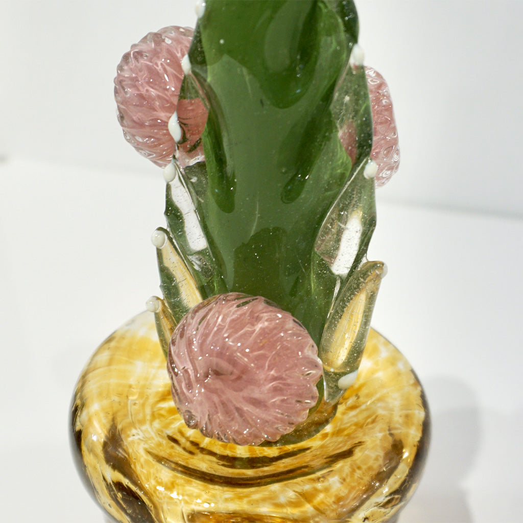 2000s Italian Green Murano Art Glass Cactus Plant with Pink Flowers in Amber Pot