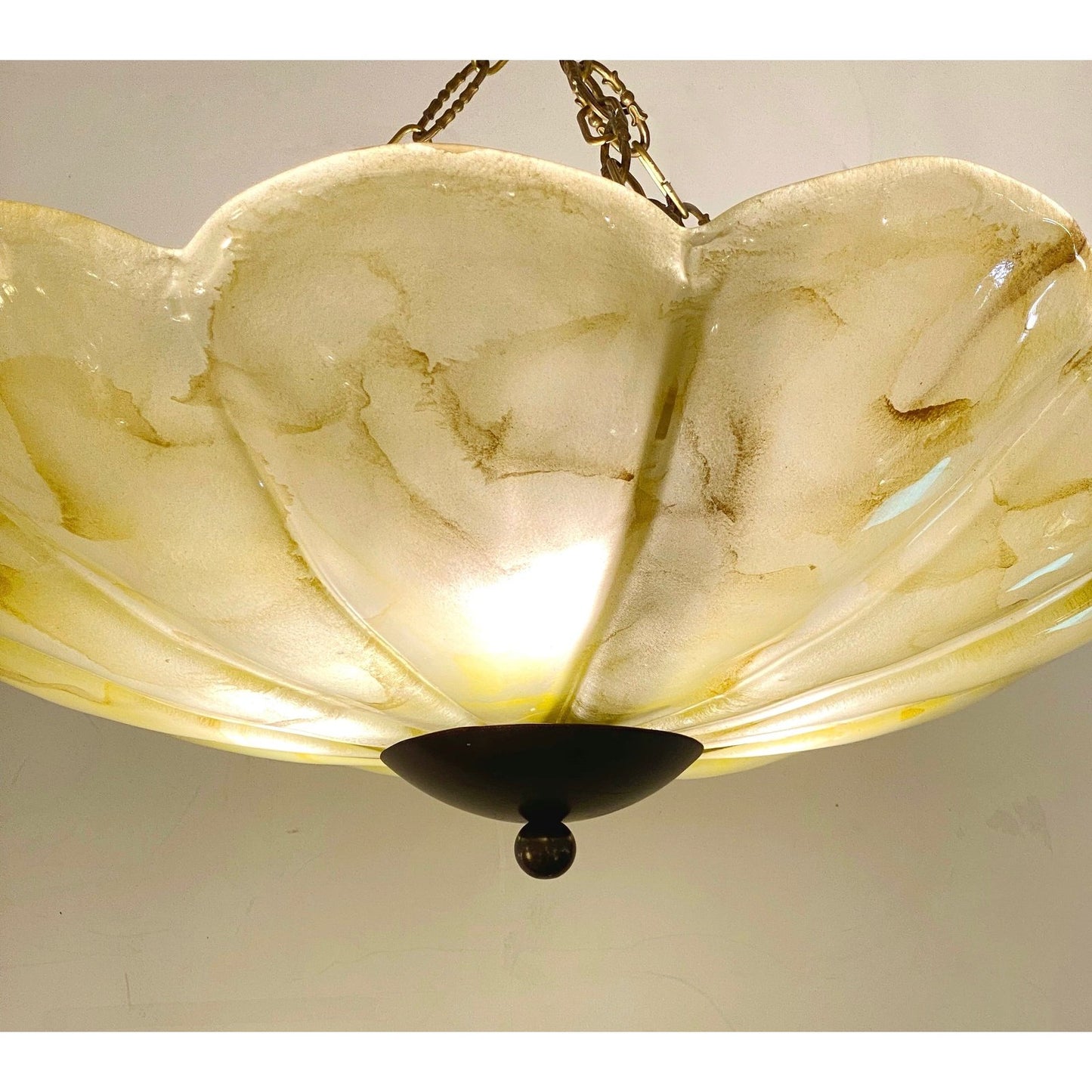 1950s Italian Mustard Yellow Streak Murano Glass Bronzed Dome Pendant/Flushmount