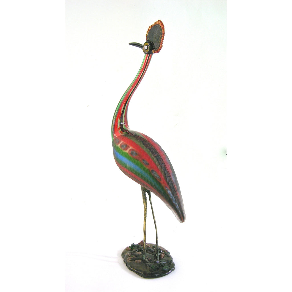 Vintage Italian Tall Red Blue Green Glass Crested Bird Sculpture