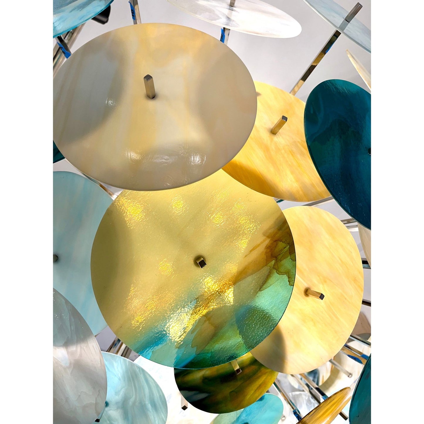 Modern Italian Aqua Blue Green Gold White Murano Glass Nickel Sputnik Flushmount