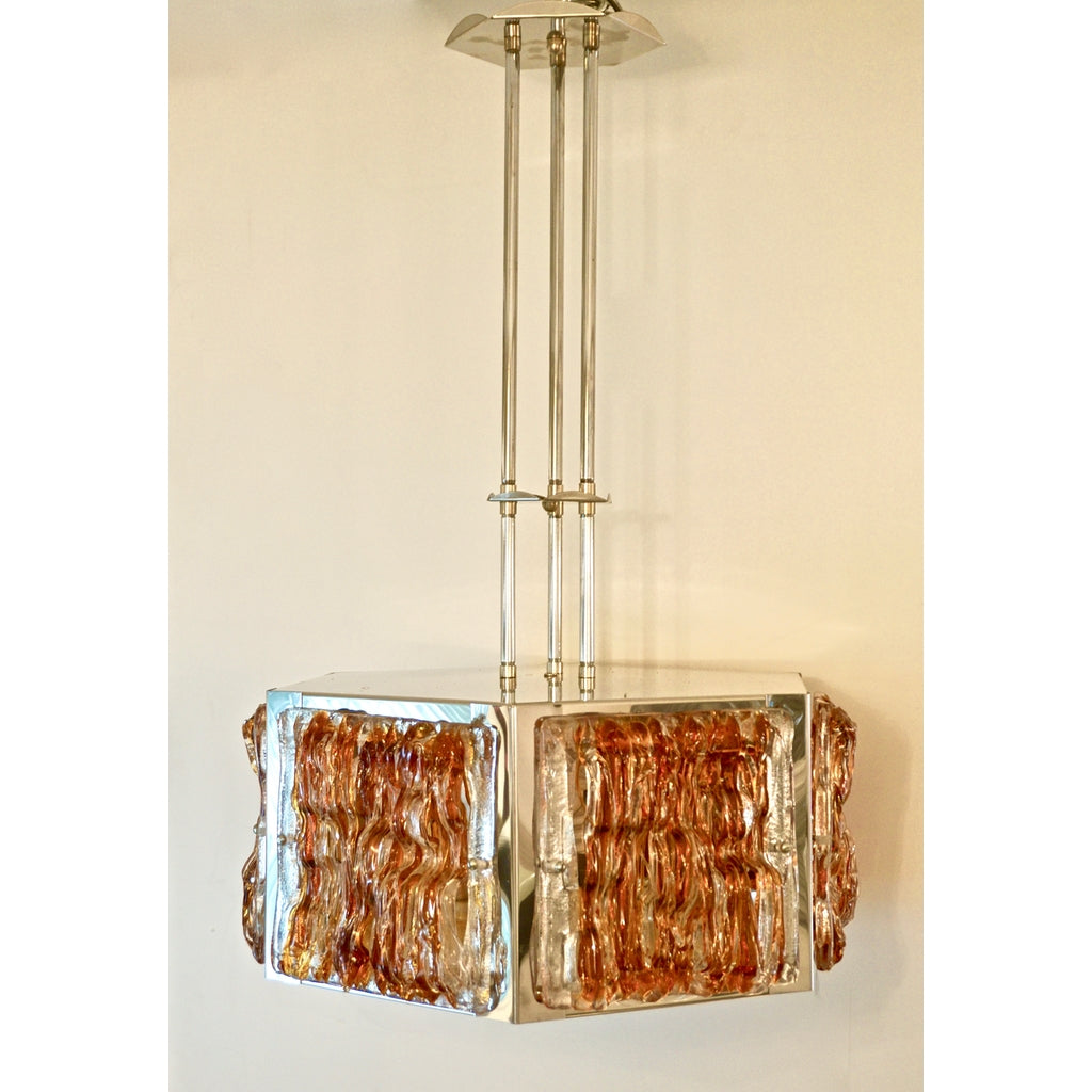 1970 Vintage Italian Mazzega Nickel Crystal Orange Yellow Murano Drum Chandelier